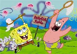 Patricio y Bob Esponja casando meduzas